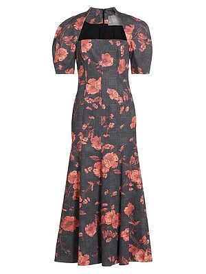 Floral Glen Check Bubble-Sleeve Dress