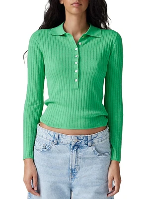 Adela Ribbed Long-Sleeve Polo Shirt