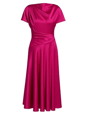 Satin A-Line Cowlneck Midi-Dress