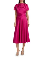 Satin A-Line Cowlneck Midi-Dress