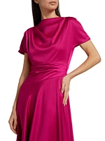 Satin A-Line Cowlneck Midi-Dress