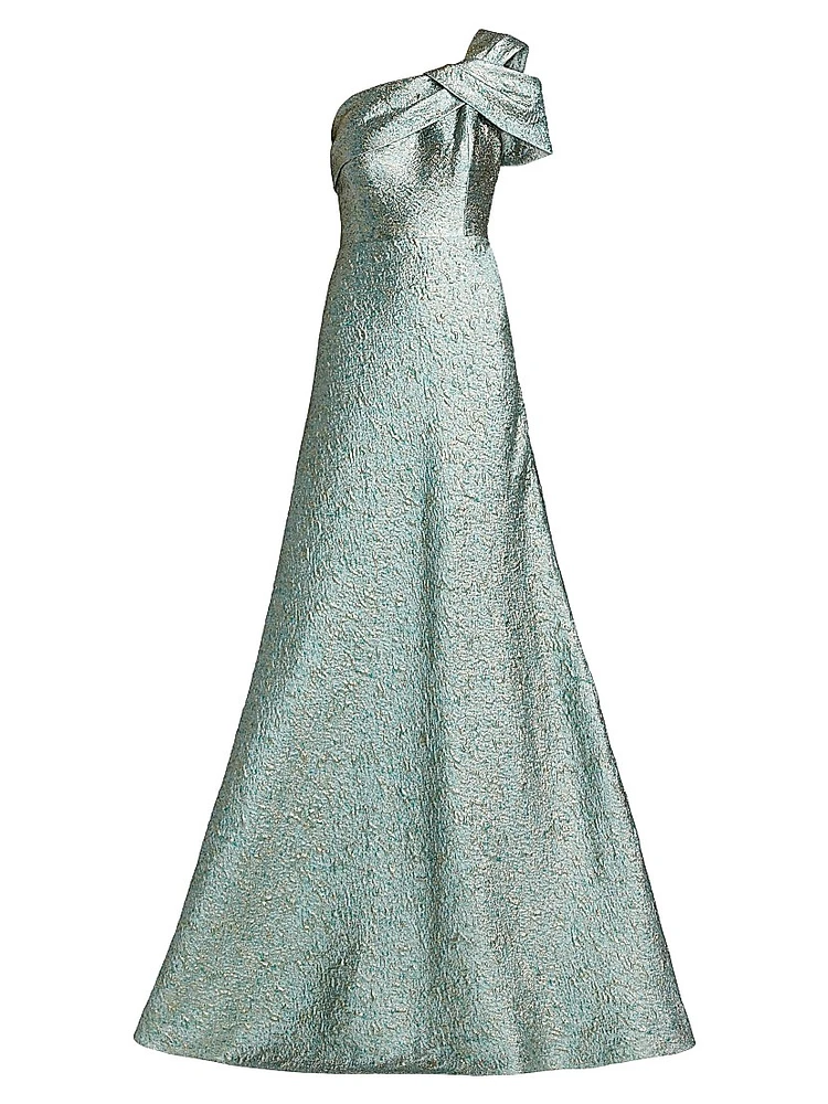 Metallic Jacquard One-Shoulder Gown