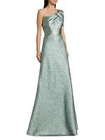Metallic Jacquard One-Shoulder Gown