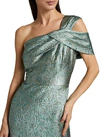 Metallic Jacquard One-Shoulder Gown