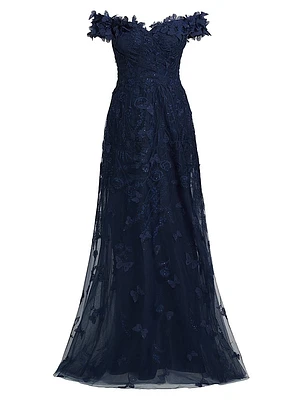 Butterfly Appliqué Lace-Tulle Off-The-Shoulder Gown
