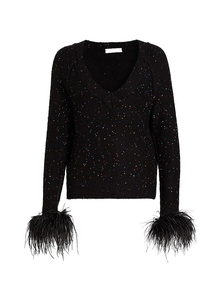 Sequin-Feather V-Neck Sweater
