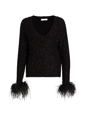 Sequin-Feather V-Neck Sweater