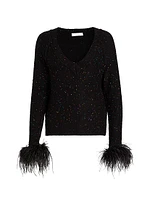 Sequin-Feather V-Neck Sweater