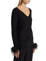Sequin-Feather V-Neck Sweater