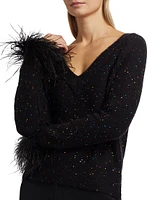 Sequin-Feather V-Neck Sweater