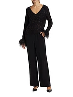 Sequin-Feather V-Neck Sweater