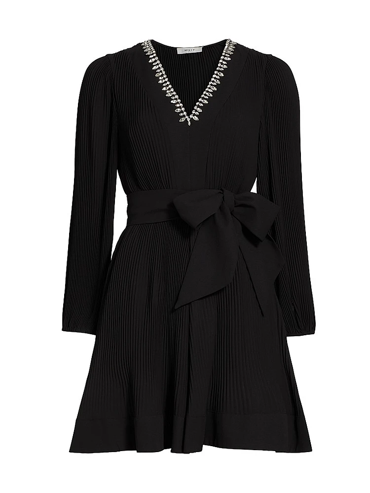 Liv Embellished Pleated V-Neck Minidress