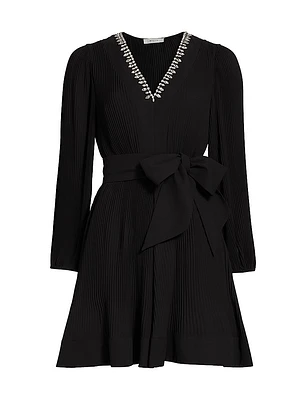 Liv Embellished Pleated V-Neck Minidress