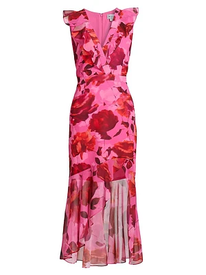 Nanci Blurred Blossom Ruffle Cocktail Dress