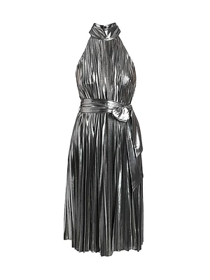 Idena Metallic Pleated Halter Midi-Dress
