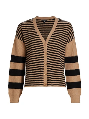 COLLECTION Striped Cashmere Balloon-Sleeve Rib-Knit Cardigan