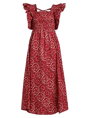 Sola Abstract Smocked Cotton Midi-Dress