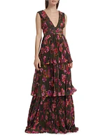Fluer Floral Pleated Sleeveless Gown