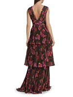 Fluer Floral Pleated Sleeveless Gown