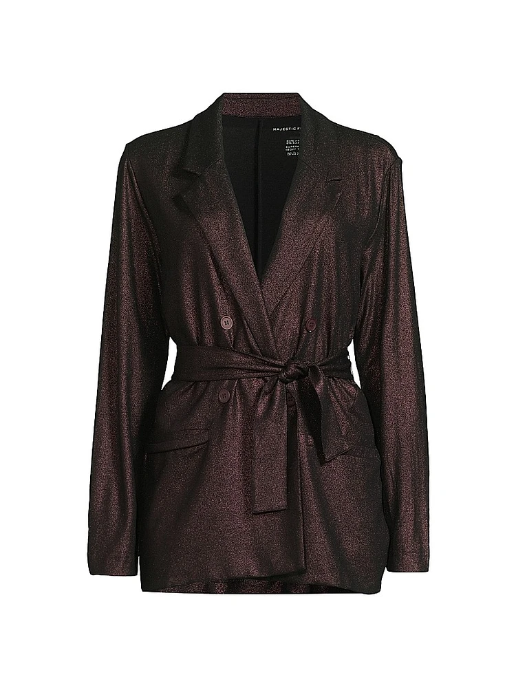 Metallic Soft Tie-Waist Double-Breasted Blazer
