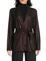 Metallic Soft Tie-Waist Double-Breasted Blazer