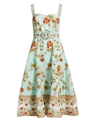 Rohi Floral Linen-Cotton Belted Midi-Dress