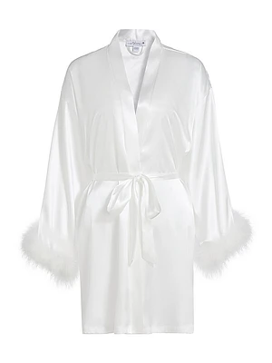 Zayla Feather-Trimmed Satin Tie-Waist Wrap