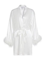 Zayla Feather-Trimmed Satin Tie-Waist Wrap