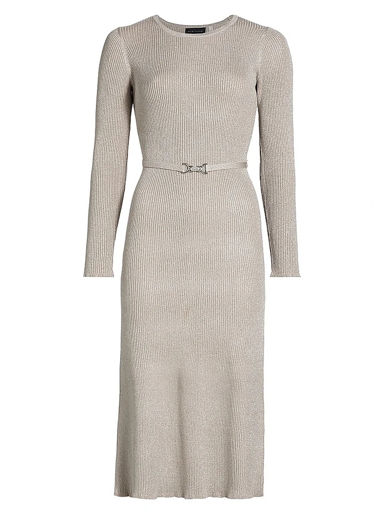 Leith Metallic Rib-Knit Belted Midi-Dress