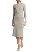 Leith Metallic Rib-Knit Belted Midi-Dress
