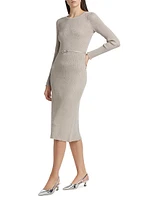 Leith Metallic Rib-Knit Belted Midi-Dress