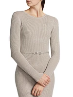Leith Metallic Rib-Knit Belted Midi-Dress