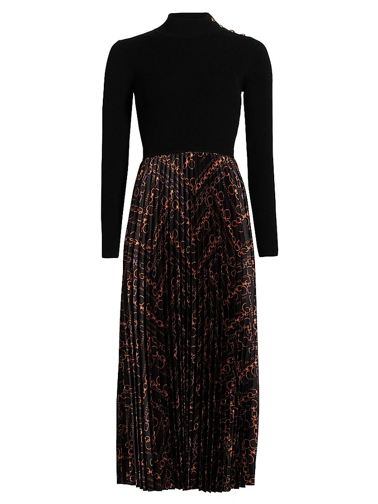 The Mave Mixed-Media Gilded Chain Print Sweater Dress