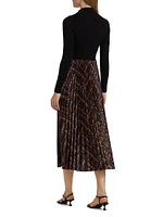The Mave Mixed-Media Gilded Chain Print Sweater Dress