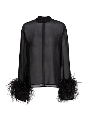 Feather-Trimmed Sheer Georgette Blouse