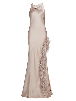 Satin Feather-Trim Cowlneck Gown