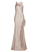 Satin Feather-Trim Cowlneck Gown