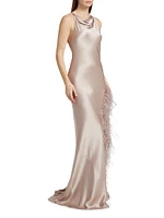 Satin Feather-Trim Cowlneck Gown