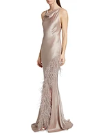 Satin Feather-Trim Cowlneck Gown