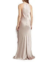 Satin Feather-Trim Cowlneck Gown