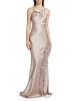 Satin Feather-Trim Cowlneck Gown