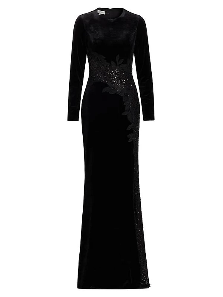 Embellished & Embroidered Stretch Velvet Gown