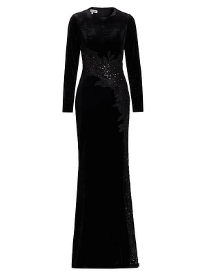 Embellished & Embroidered Stretch Velvet Gown