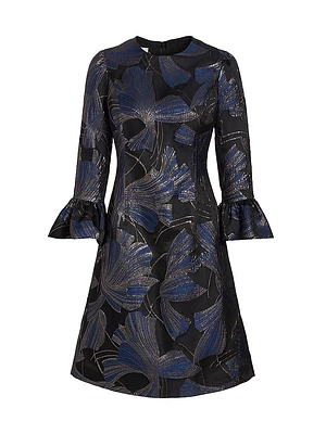 Metallic Jacquard Bell-Sleeve Cocktail Dress