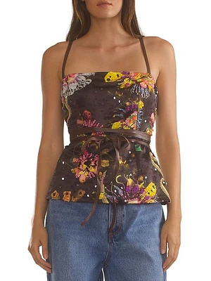 Satin Leather Ties Embellished Top