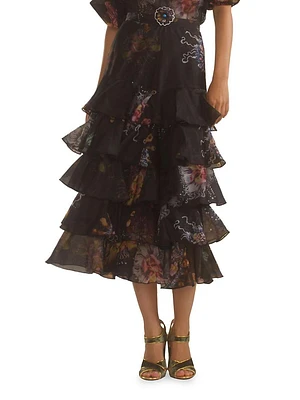 Silk Organza Ruffle Midi-Skirt