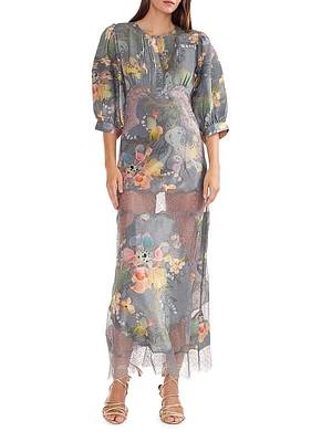 Floral Metallic Silk Maxi Dress