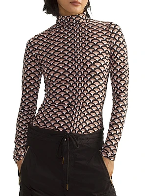 Fan Printed Mock Turtleneck Top