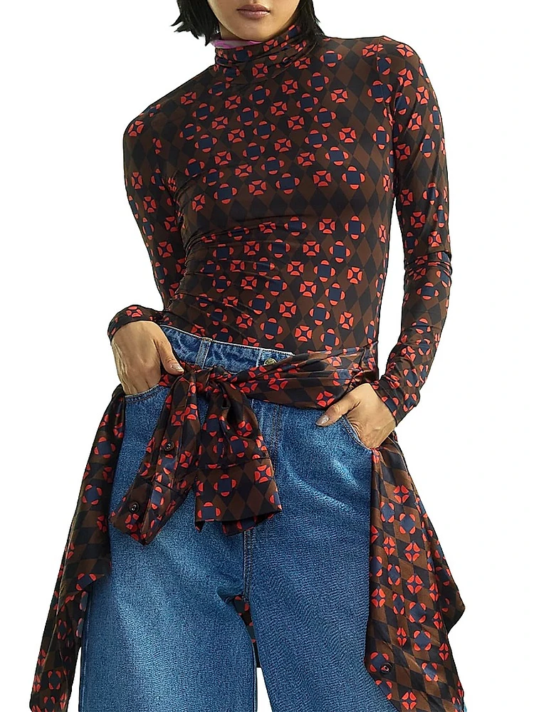 Abstract Printed Mock Turtleneck Top
