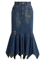 Embellished Denim Handkerchief-Hem Trumpet Midi-Skirt